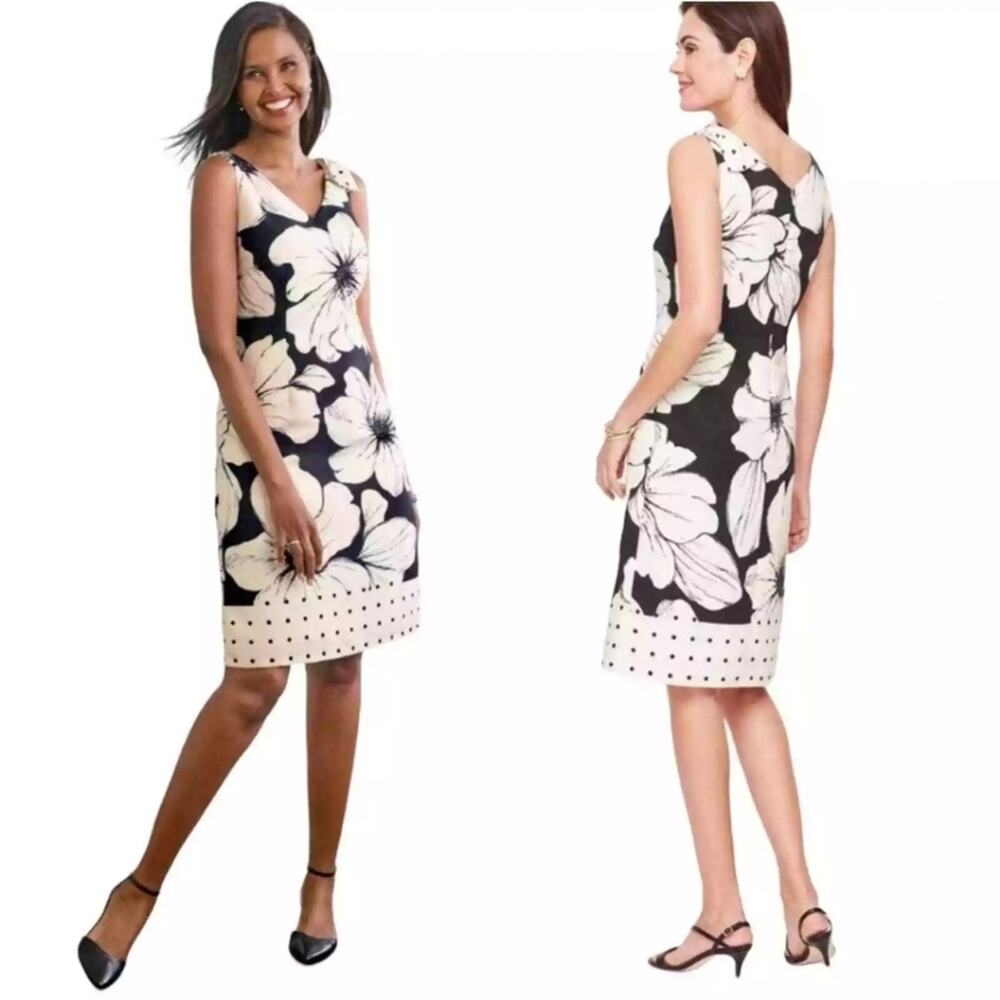 Talbots Bow Detail Black and White Floral Sheath Dress‎ Size 4 New
